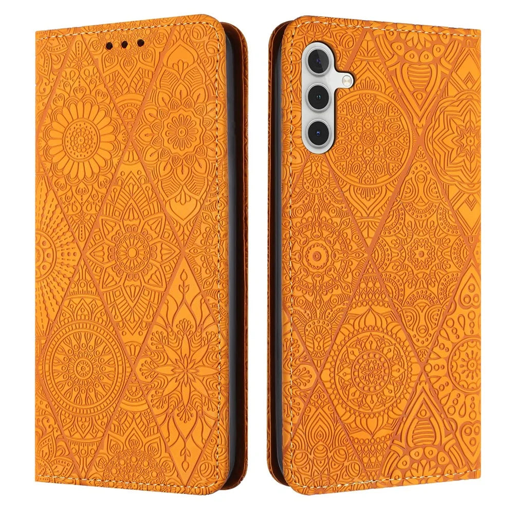 For Samsung Galaxy S26 Case Imprinted Flower Wallet Stand Leather Phone Cover - Yellow - 1