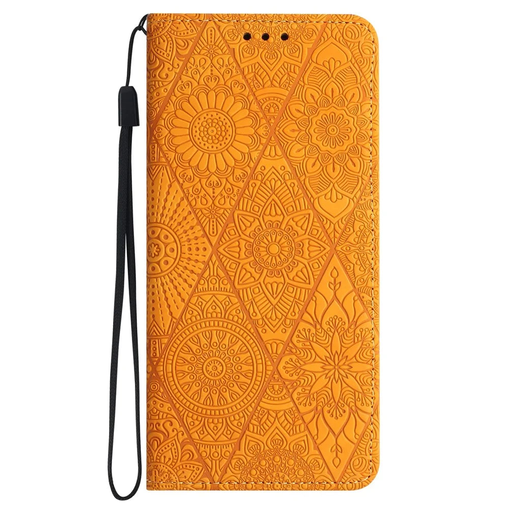 For Samsung Galaxy S26 Case Imprinted Flower Wallet Stand Leather Phone Cover - Yellow - 7