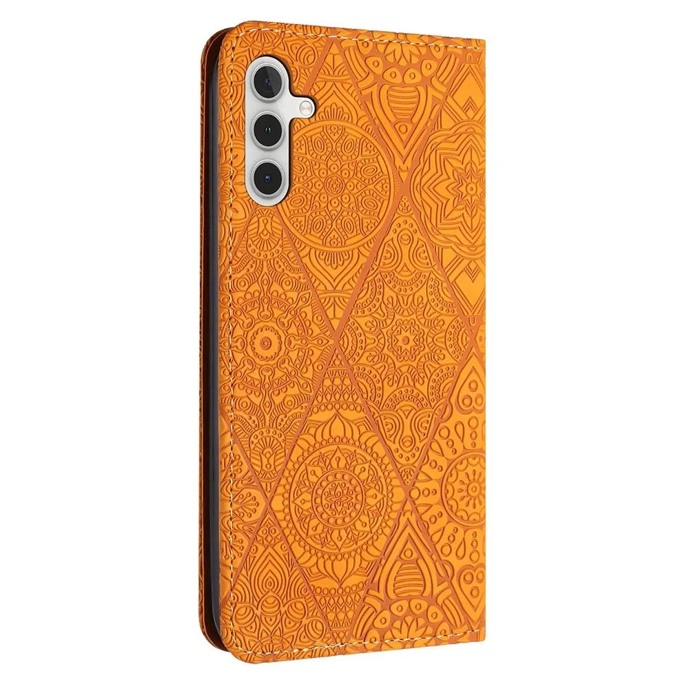 For Samsung Galaxy S26+ Case Imprinted Flower Wallet Stand Leather Phone Cover - Yellow - 6