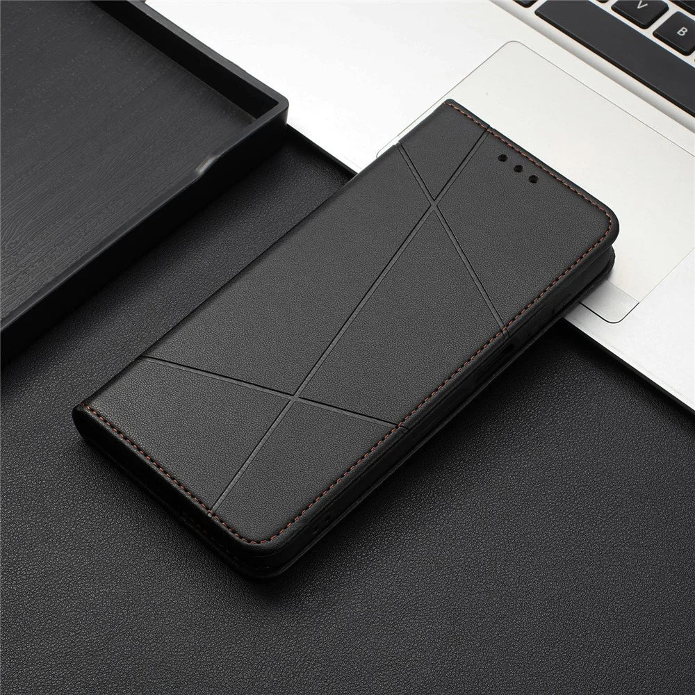 For Samsung Galaxy S26+ Wallet Case Line Imprinted Leather Stand Phone Cover with Wrist Strap - Black - 6