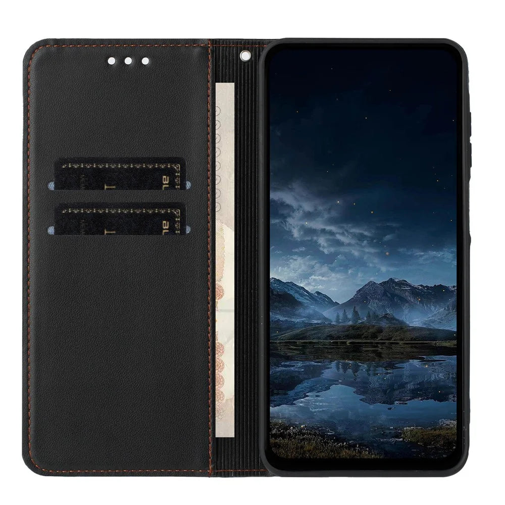 For Samsung Galaxy A57 5G Wallet Case Line Imprinted Leather Stand Phone Cover with Wrist Strap - Black - 3