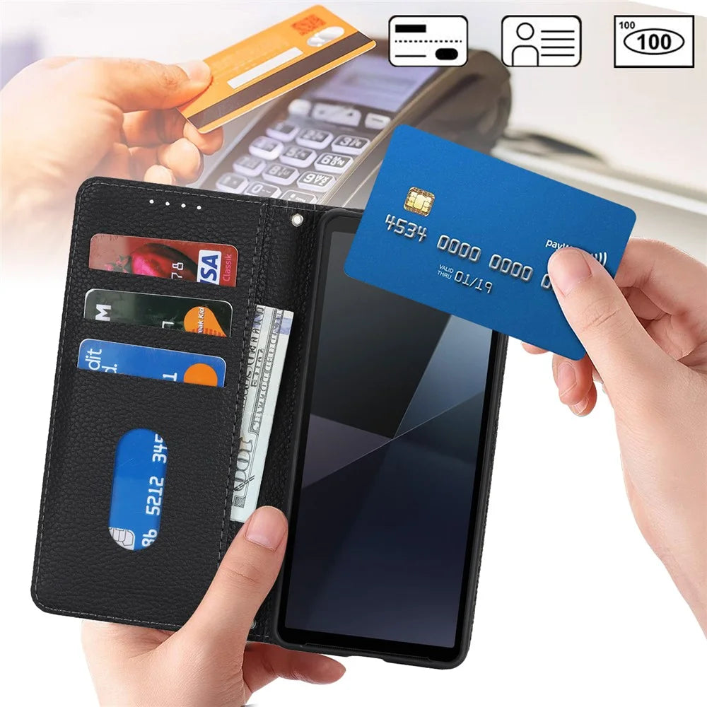 For Sony Xperia 10 VI Case Stand Wallet Litchi Texture Leather Flip Phone Cover with Strap - Black - 4