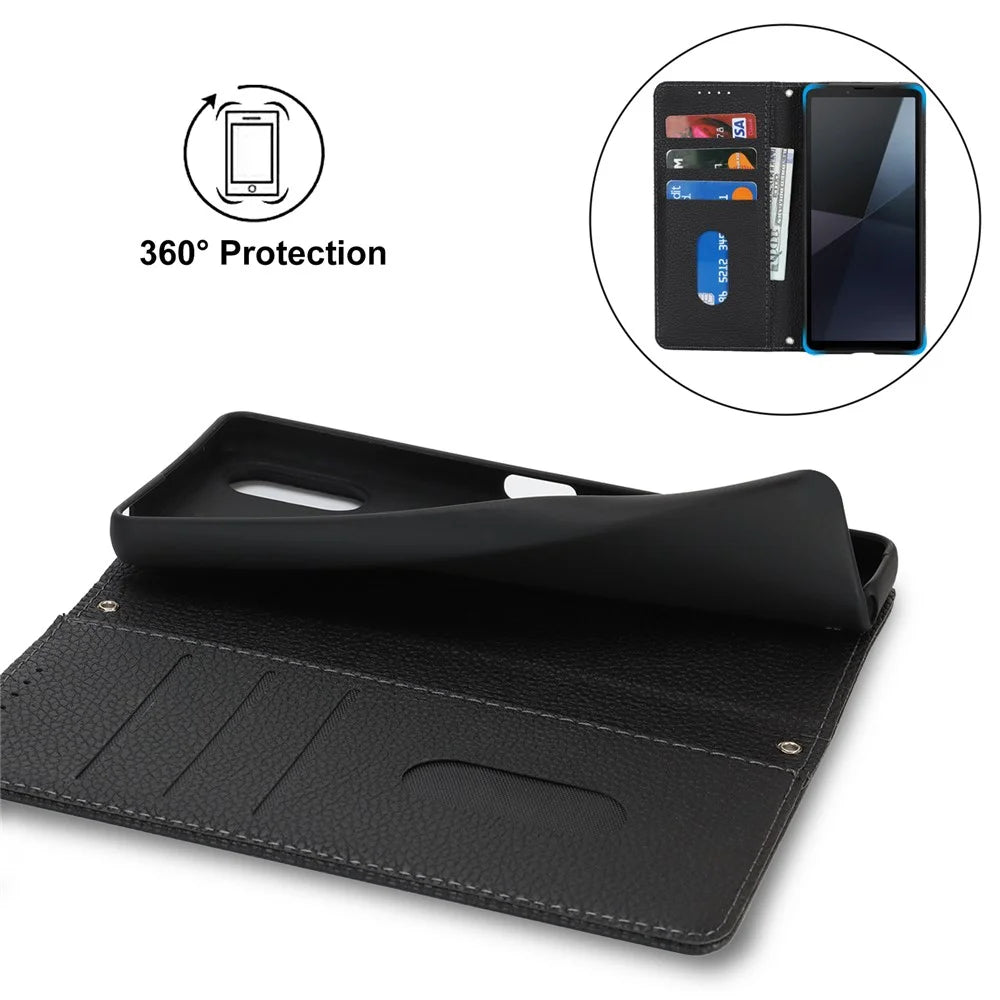 For Sony Xperia 10 VI Case Stand Wallet Litchi Texture Leather Flip Phone Cover with Strap - Black - 6