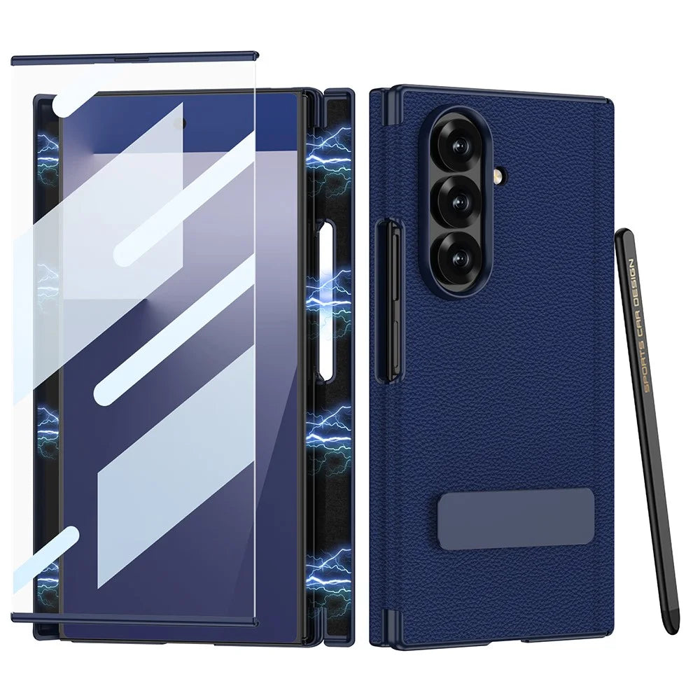 GKK For Samsung Galaxy Z TriFold 5G Case Kickstand Magnetic Hinge Leather + PC Phone Cover with Tempered Glass Film / Stylus - Dark Blue - 1