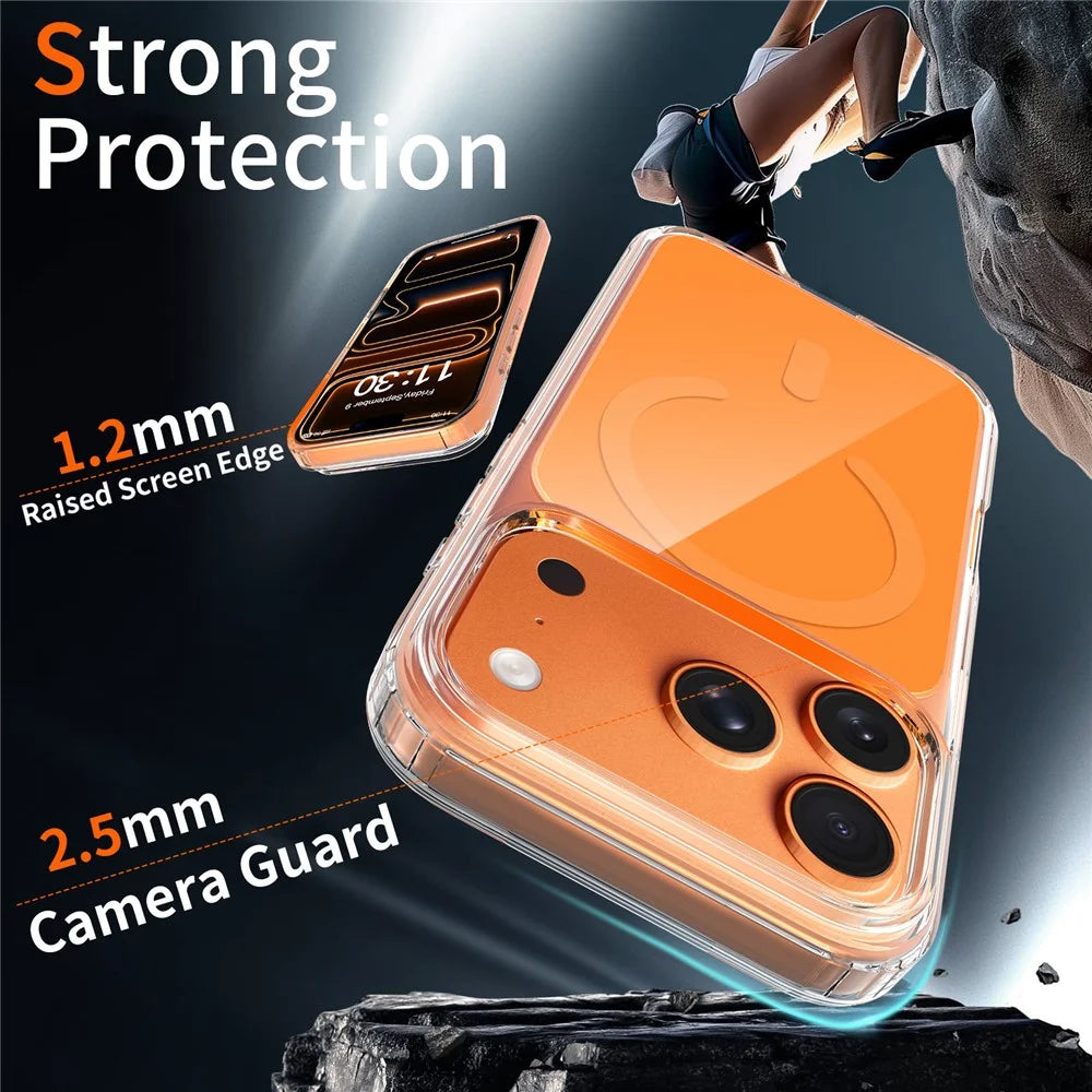 For iPhone 17 Pro Max Magnetic Case TPU PC Clear Phone Cover with Explosion-Proof Tempered Glass Compatible with MagSafe - Orange - 3