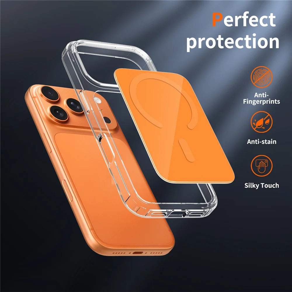 For iPhone 17 Pro Max Magnetic Case TPU PC Clear Phone Cover with Explosion-Proof Tempered Glass Compatible with MagSafe - Orange - 5