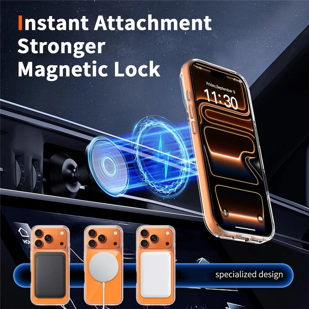 For iPhone 17 Pro Max Magnetic Case TPU PC Clear Phone Cover with Explosion-Proof Tempered Glass Compatible with MagSafe - Orange - 7