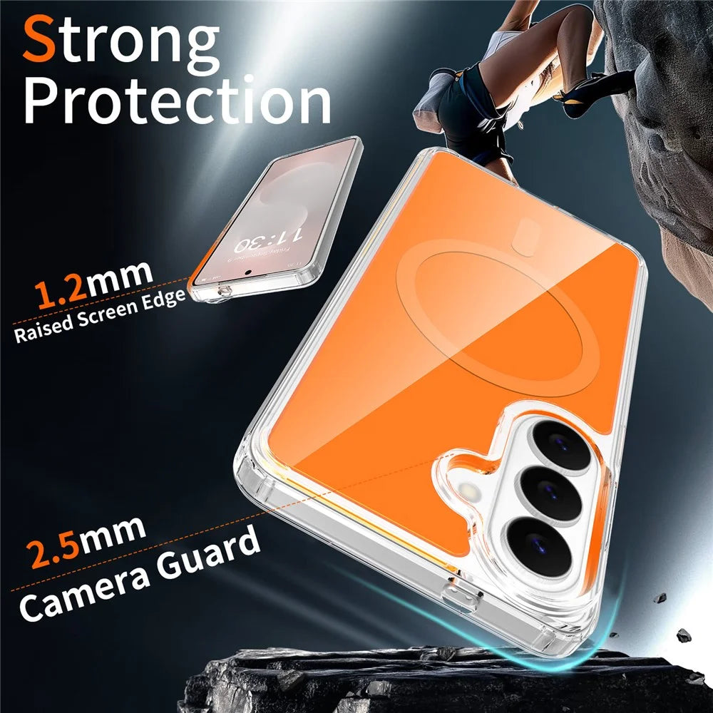 For Samsung Galaxy S26 Magnetic Case TPU PC Clear Phone Cover with Explosion-Proof Tempered Glass - Orange - 3