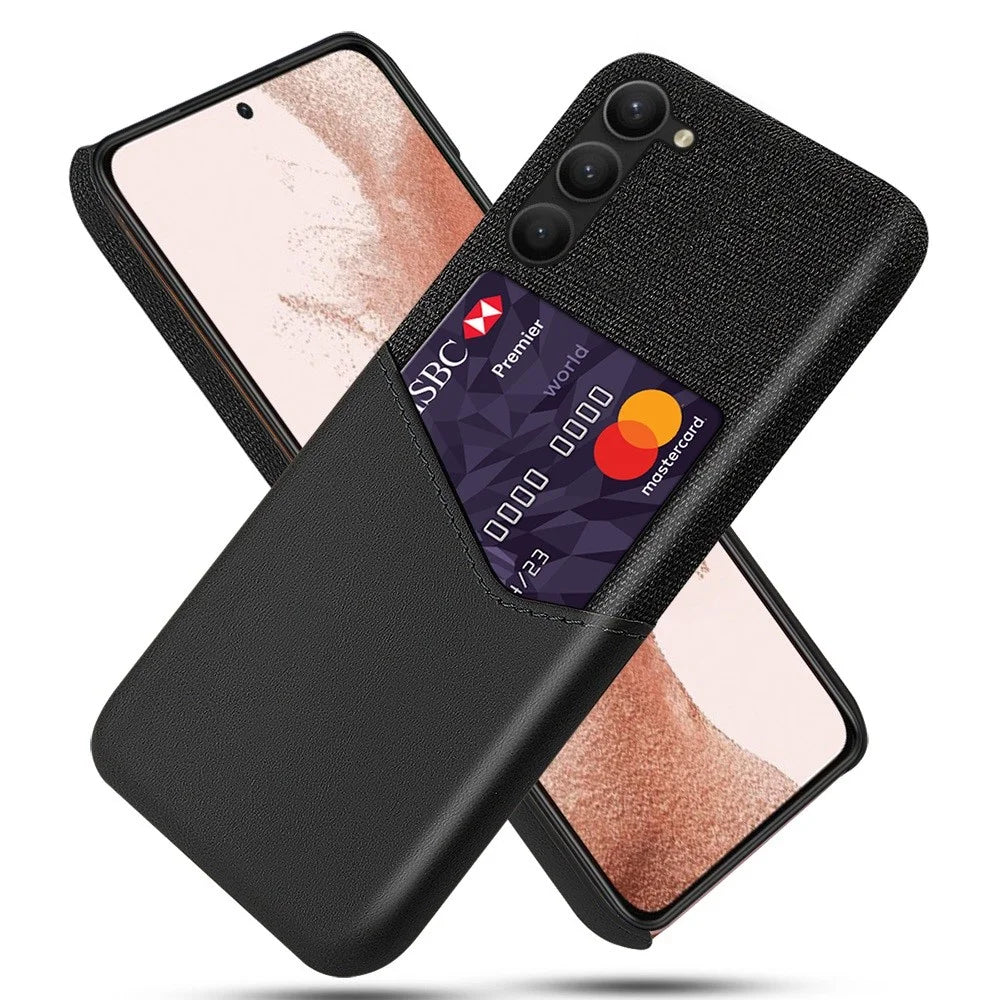 For Samsung Galaxy S23+ PU Leather + Hard PC Phone Cover Cloth Texture Card Holder Protective Case - Black - 1