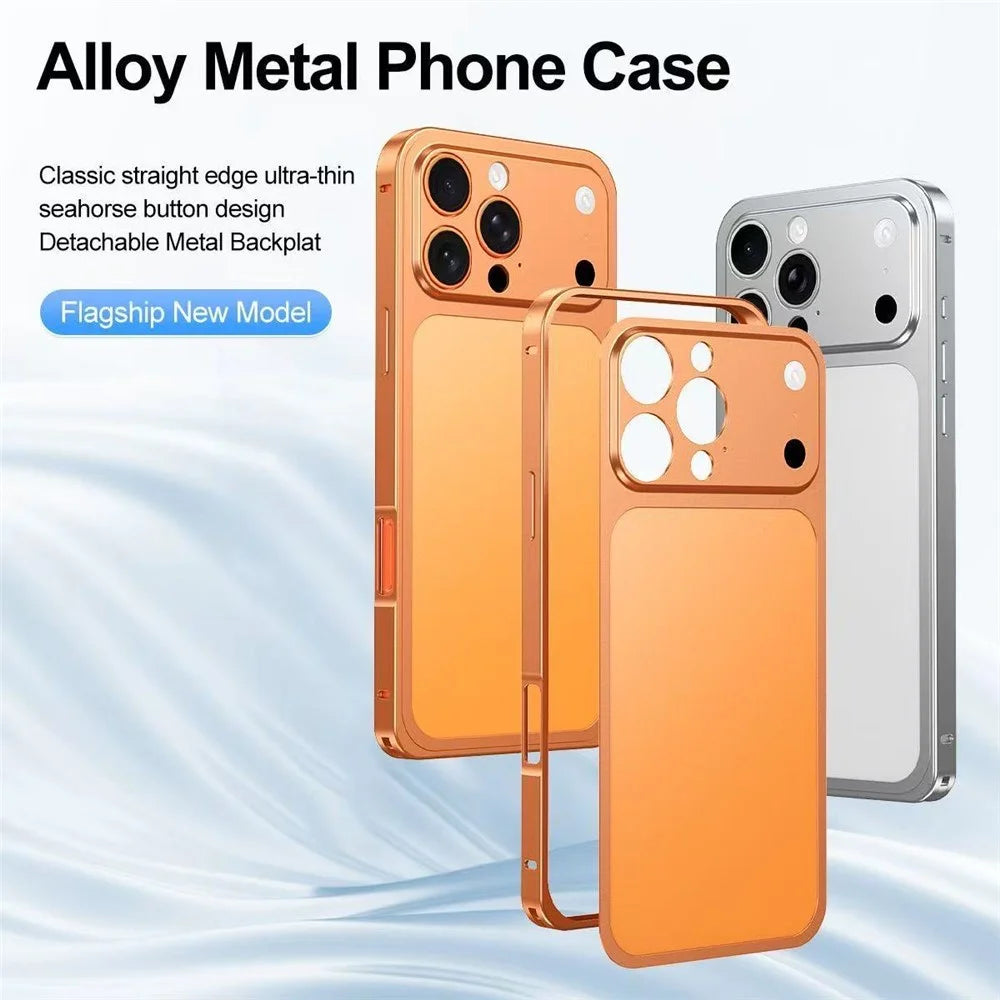 For iPhone 16 Pro Case Transform to 17 Pro Locking Buckle Metal Frame Alloy Back Phone Cover - Orange - 7