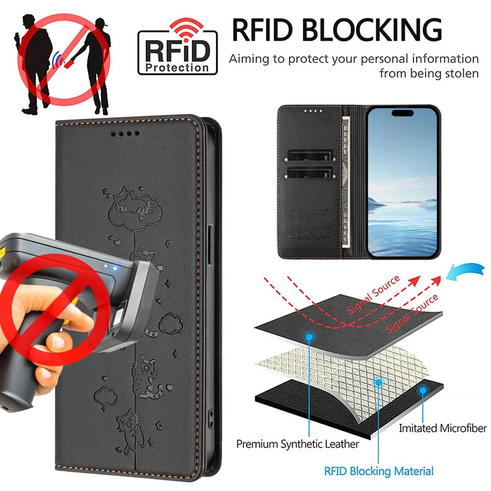 For OnePlus Nord CE 5G / OnePlus Ace 5 Racing 5G Case RFID Blocking Wallet Stand Imprinted Cat Pattern Leather Phone Cover - Black - 5