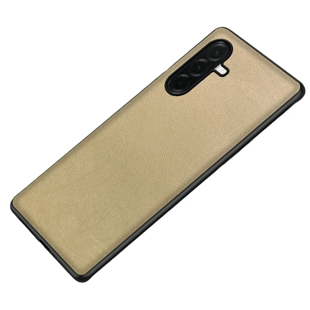 For Samsung Galaxy S26+ Case Silk-Textured PU Leather Coated PC TPU Protective Phone Back Cover - Gold - 1
