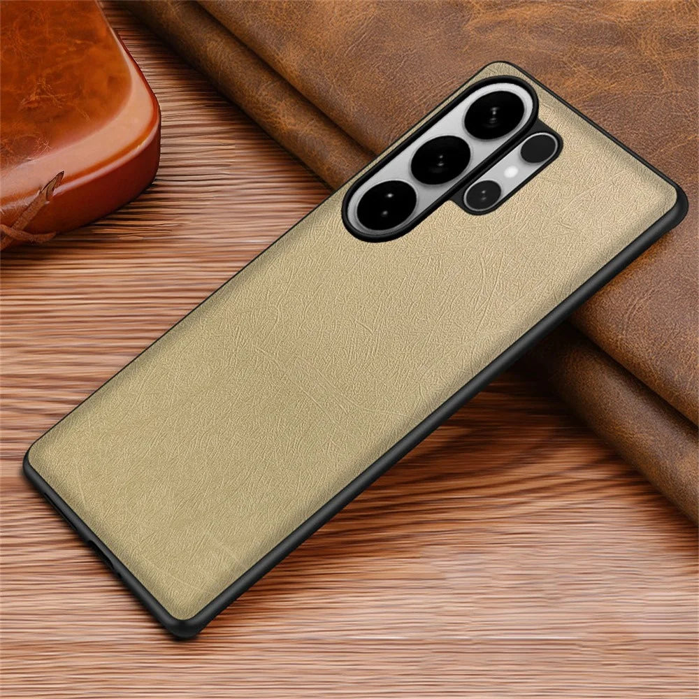 For Samsung Galaxy S24 Ultra Case Silk-Textured PU Leather Coated PC TPU Protective Phone Back Cover - Gold - 2