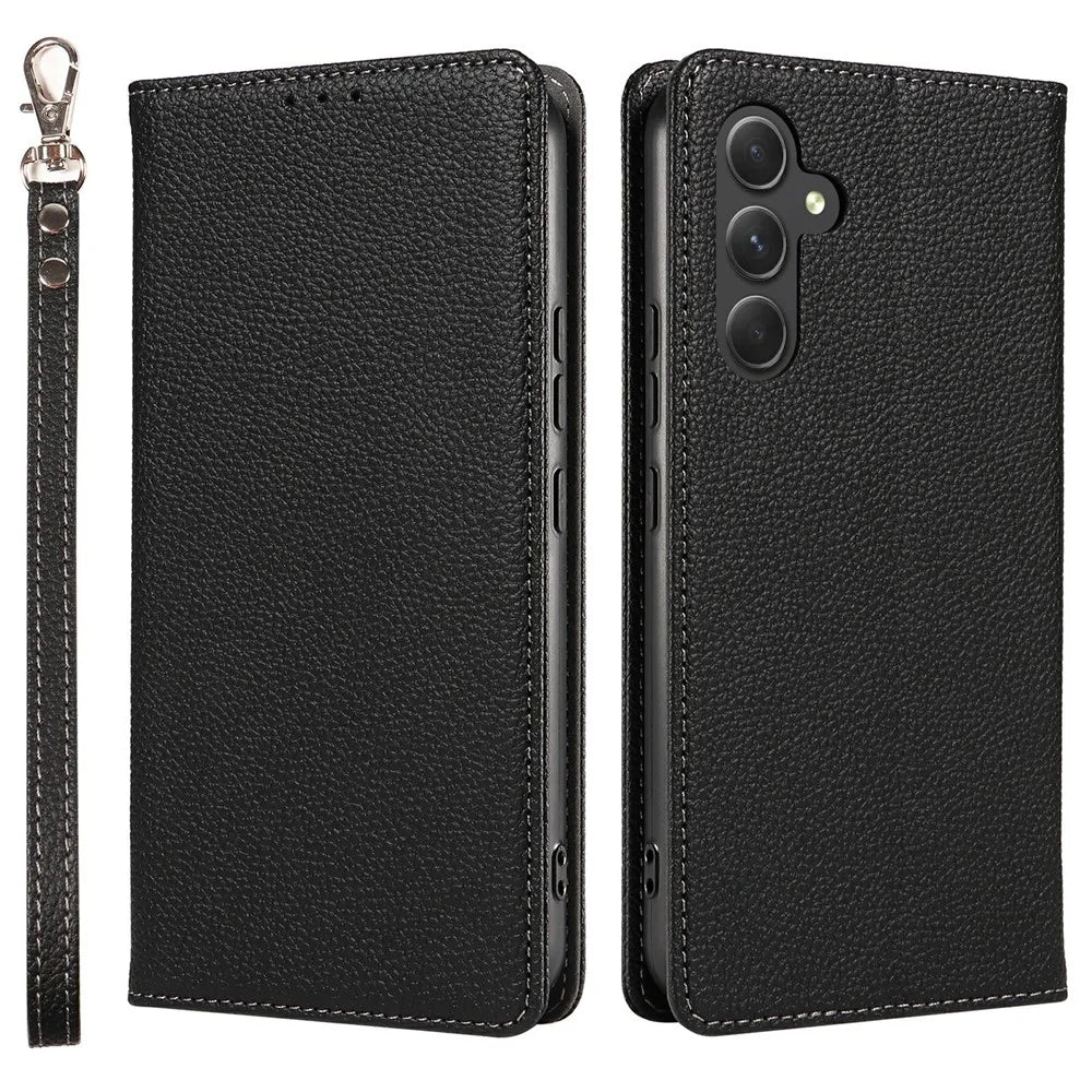 For Samsung Galaxy A57 5G Case Magnetic Litchi Texture Wallet Leather Phone Cover with Wrist Strap - Black - 1