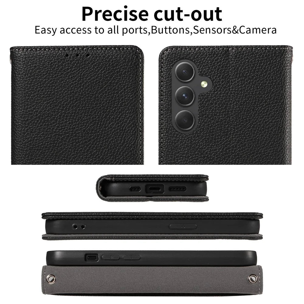For Samsung Galaxy A57 5G Case Magnetic Litchi Texture Wallet Leather Phone Cover with Wrist Strap - Black - 7