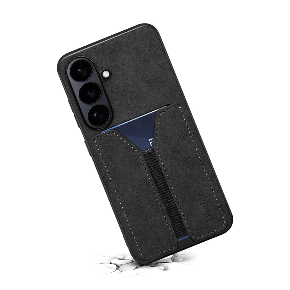DENIOR For Samsung Galaxy S26 Case Elastic Card Holder PU Leather + TPU + PC Phone Cover - Black - 3