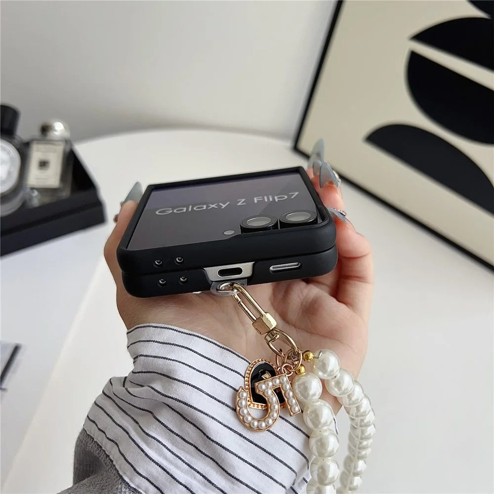 For Samsung Galaxy Z Flip7 5G Case Lucky Horse Decor Leather + PC Phone Cover with Pearl Chain Strap - Litchi - 5