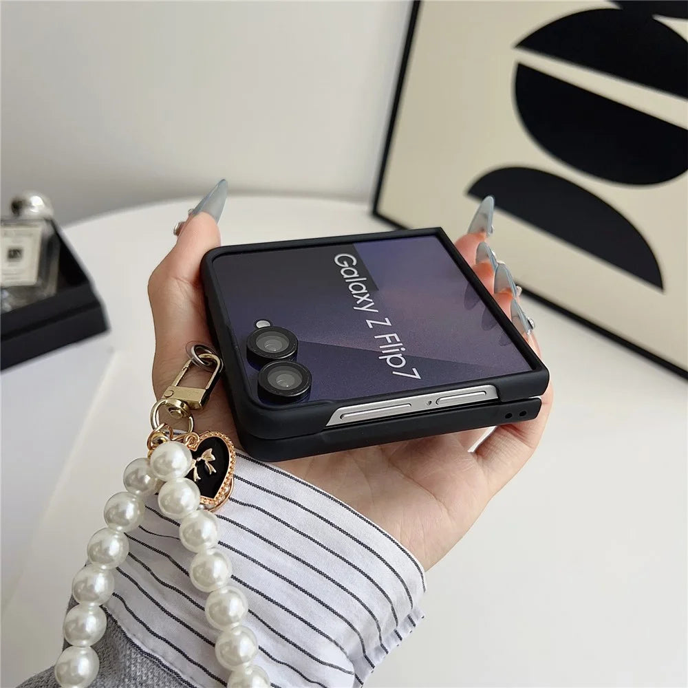 For Samsung Galaxy Z Flip7 5G Case Lucky Horse Decor Leather + PC Phone Cover with Pearl Chain Strap - Litchi - 6