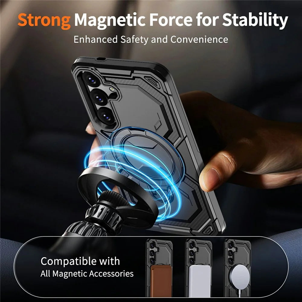 For Samsung Galaxy A57 5G Magnetic Case Ring Kickstand PC + TPU Hybrid Phone Cover - Black - 6