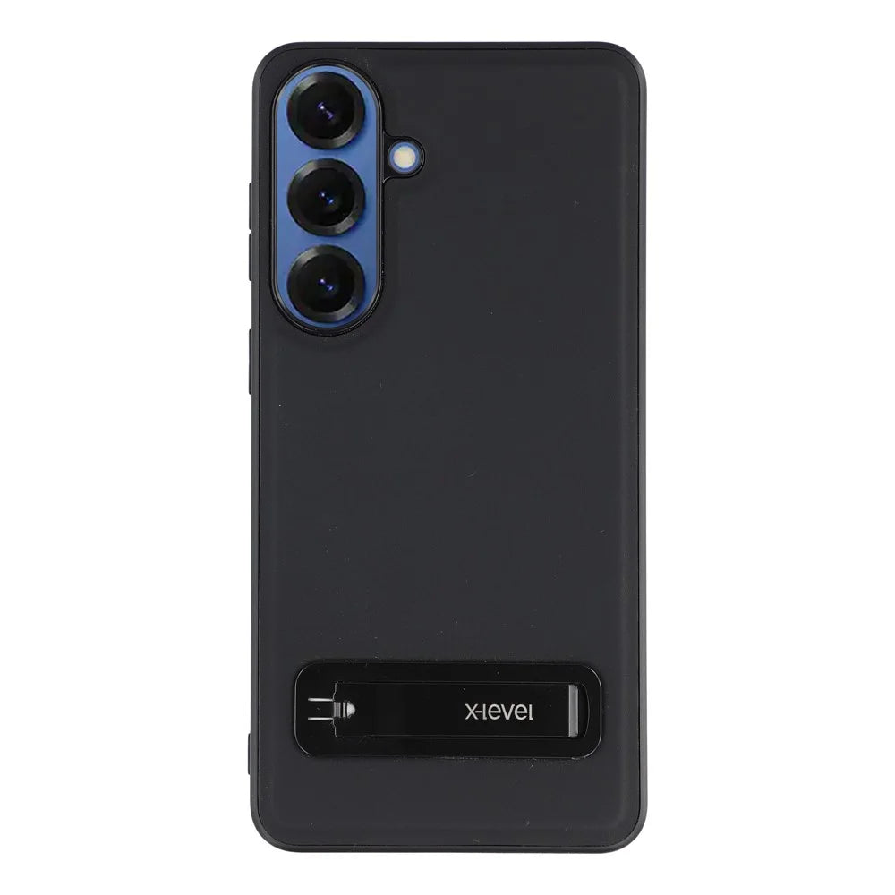 X-LEVEL For Samsung Galaxy S26+ Case Leather Coated PC TPU Phone Back Cover with Metal Kickstand - Black - 1