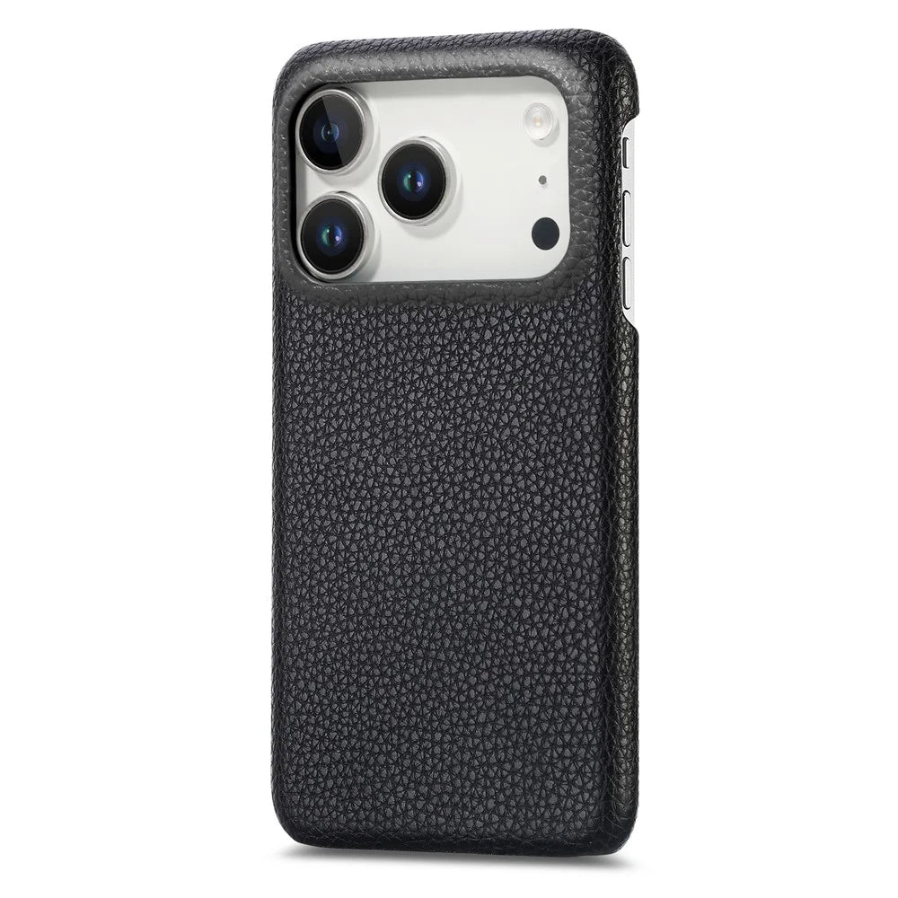 For iPhone 17 Pro Max Case Litchi Texture Leather Coated PC Mobile Back Cover - Black - 1