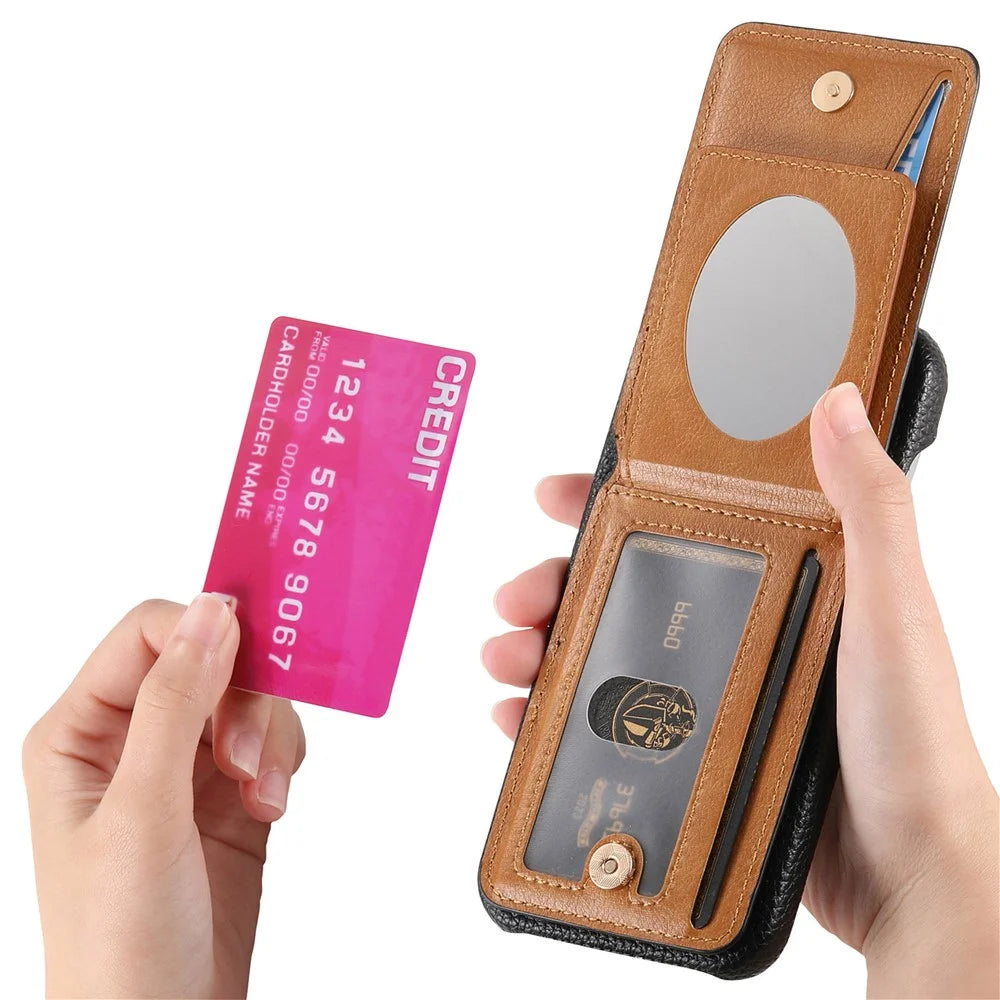 For iPhone 17 Pro Max Case with Mirror Card Holder RFID Blocking Litchi Texture PU PC Phone Back Cover - Black - 3