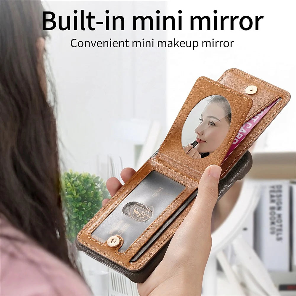 For iPhone 17 Pro Case with Mirror Card Holder RFID Blocking Litchi Texture PU PC Phone Back Cover - Grey - 6