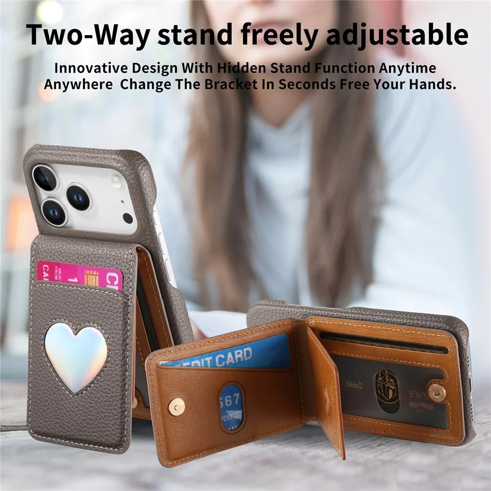 For iPhone 17 Pro Case with Mirror Card Holder RFID Blocking Litchi Texture PU PC Phone Back Cover - Grey - 7