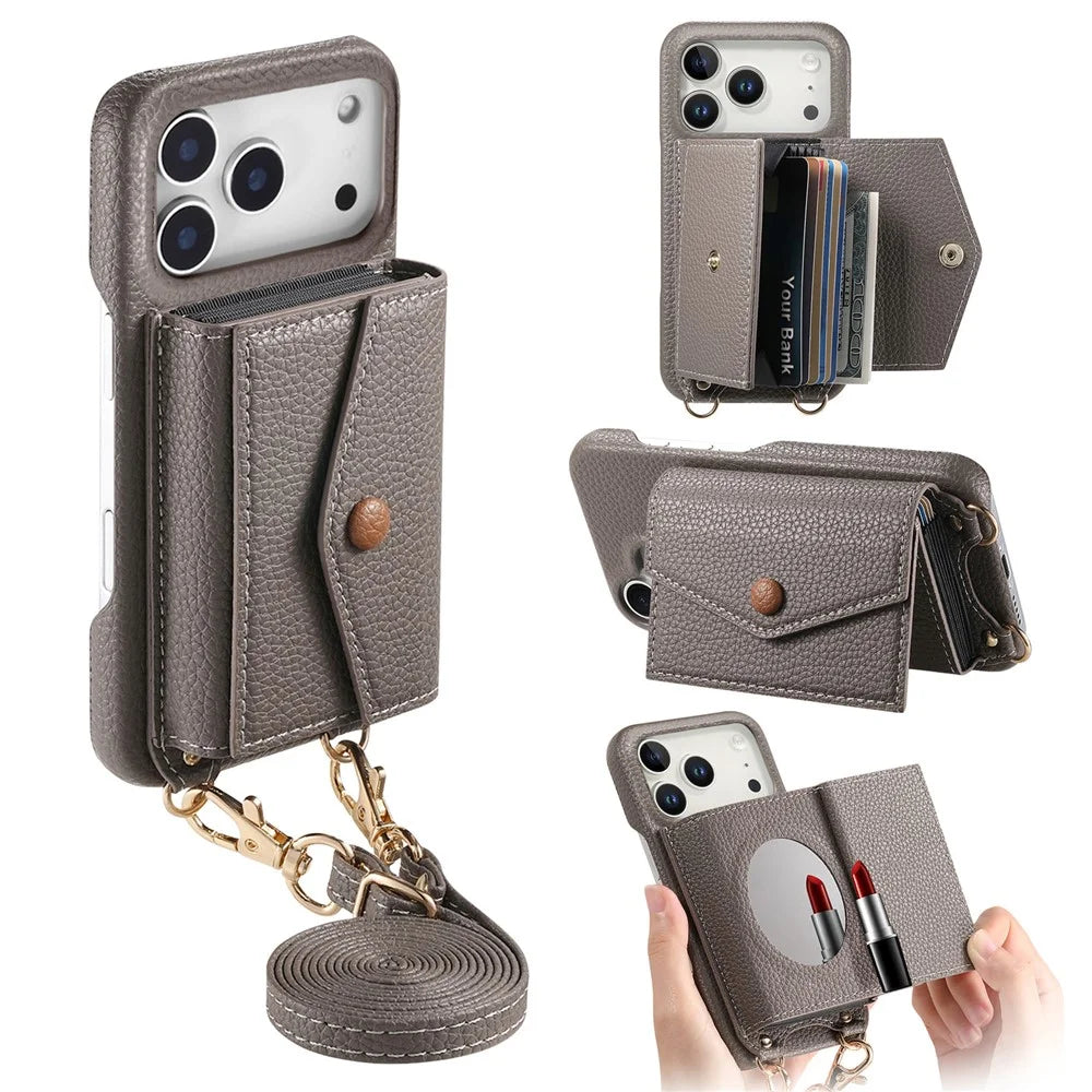 For iPhone 17 Pro Max Case Card Holder Kickstand PU Leather + PC Phone Cover with Mirror and Crossbody Lanyard - Grey - 1