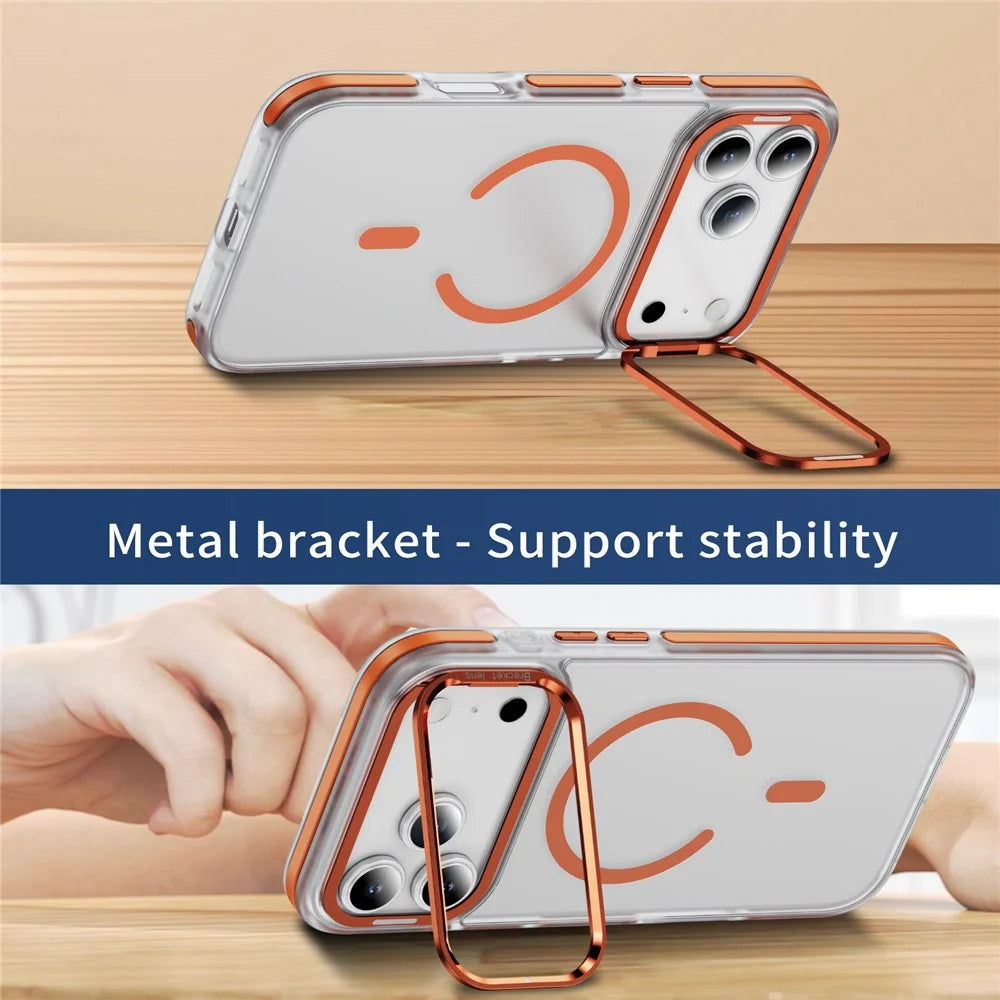 For iPhone 17 Pro Max Case Compatible with MagSafe Metal Lens Frame Kickstand Skin Touch Acrylic TPU Phone Cover - Orange - 4