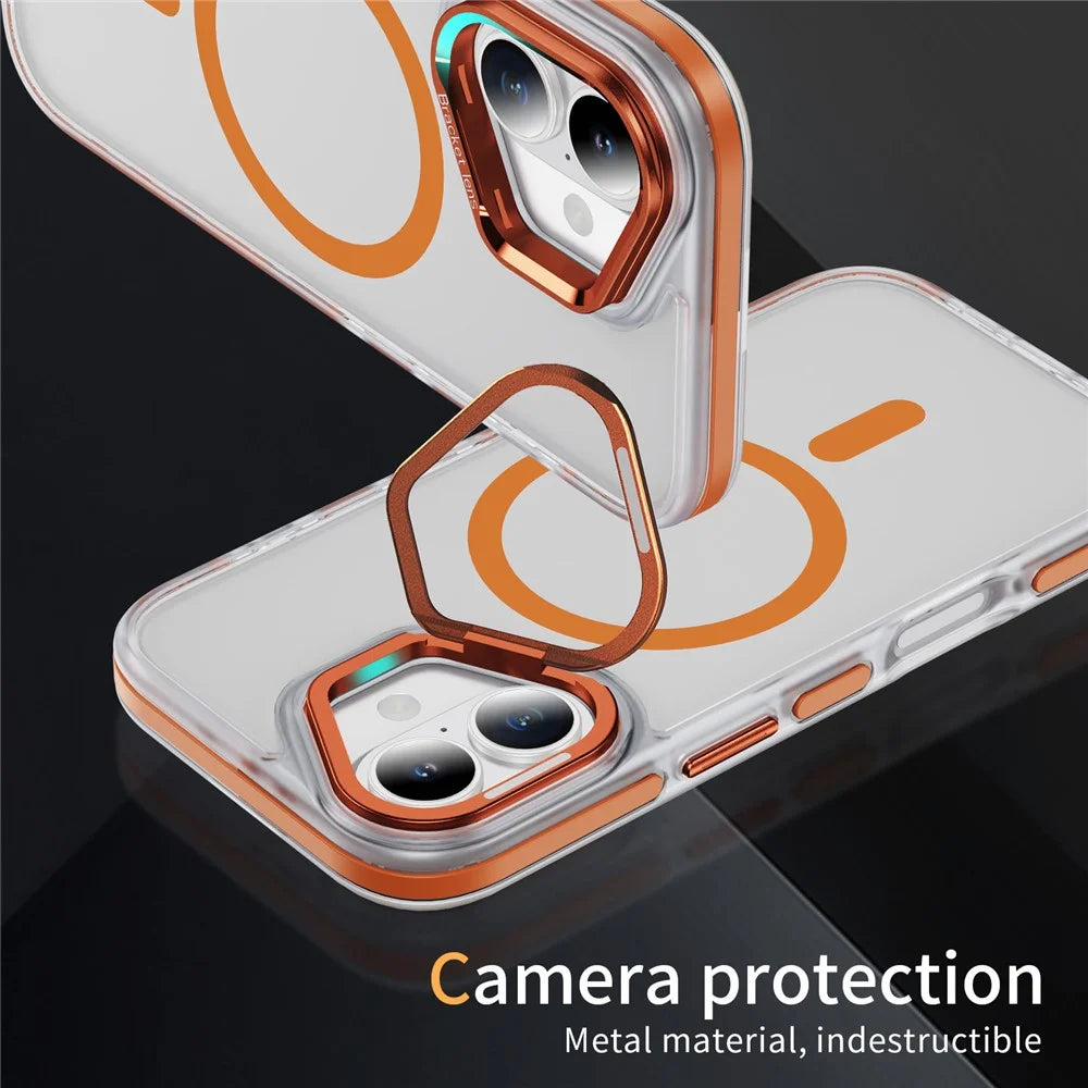 For iPhone 17 Case Compatible with MagSafe Metal Lens Frame Kickstand Skin Touch Acrylic TPU Phone Cover - Orange - 5