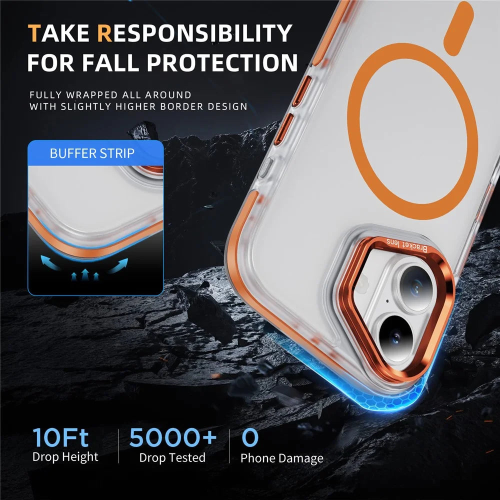 For iPhone 17 Case Compatible with MagSafe Metal Lens Frame Kickstand Skin Touch Acrylic TPU Phone Cover - Orange - 7