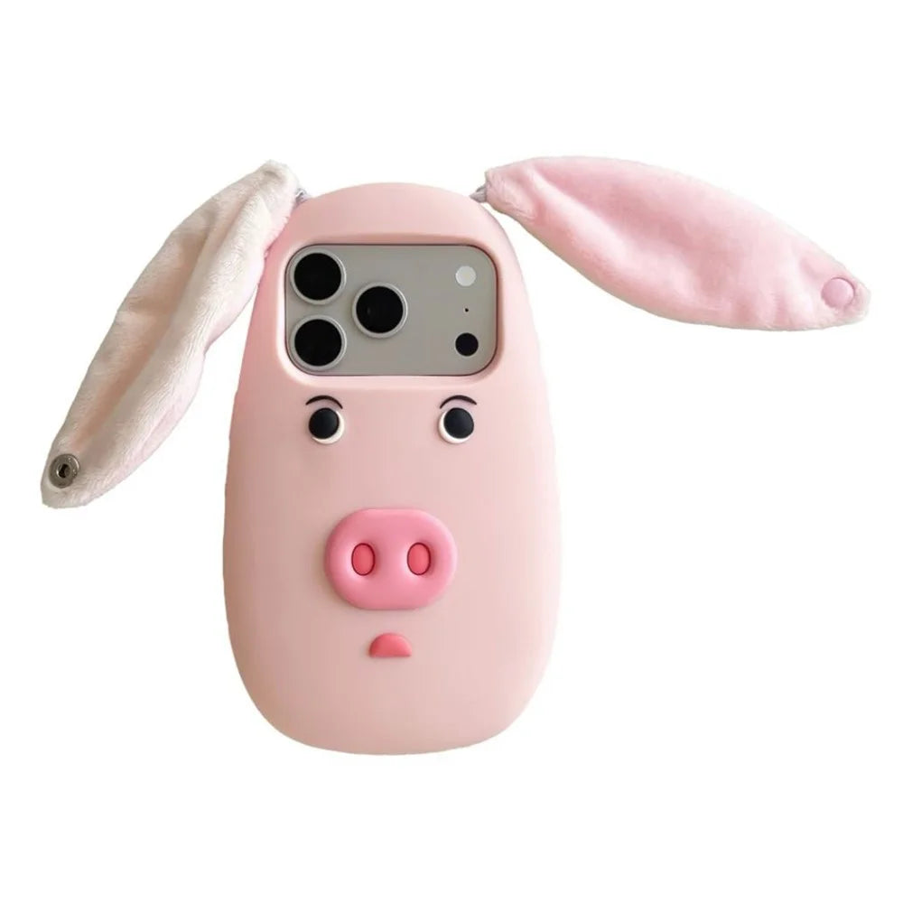 For iPhone 18 Pro Max / 17 Pro Max Silicone Case Cute 3D Cartoon Pig Face Plush Cloth Ears Shockproof Phone Back Cover - Pink - 2