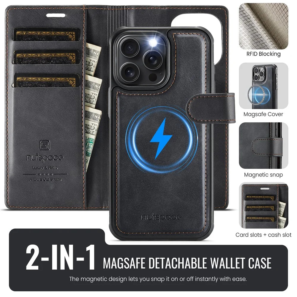 AUTSPACE A05 For iPhone 15 Pro Case Wallet Stand Detachable Leather Magnetic Phone Cover - Black - 2
