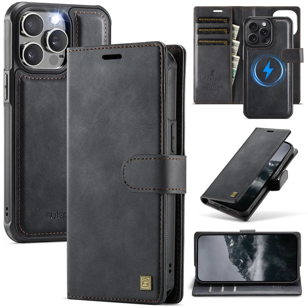 AUTSPACE A05 For iPhone 15 Pro Max Case Wallet Stand Detachable Leather Magnetic Phone Cover - Black - 1