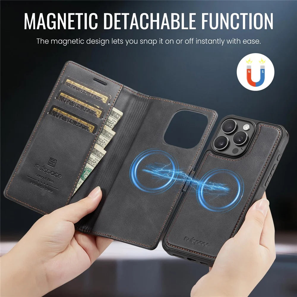 AUTSPACE A05 For iPhone 13 Pro Case Wallet Stand Detachable Leather Magnetic Phone Cover - Black - 3