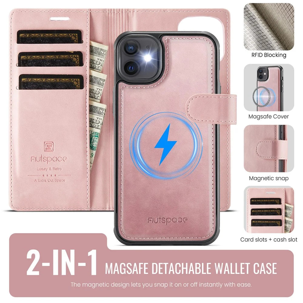 AUTSPACE A05 For iPhone 12 Pro / 12 Case Wallet Stand Detachable Leather Magnetic Phone Cover - Pink - 2