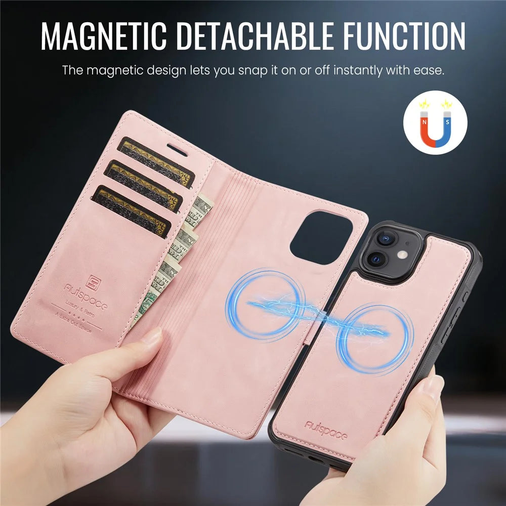 AUTSPACE A05 For iPhone 12 Pro / 12 Case Wallet Stand Detachable Leather Magnetic Phone Cover - Pink - 3