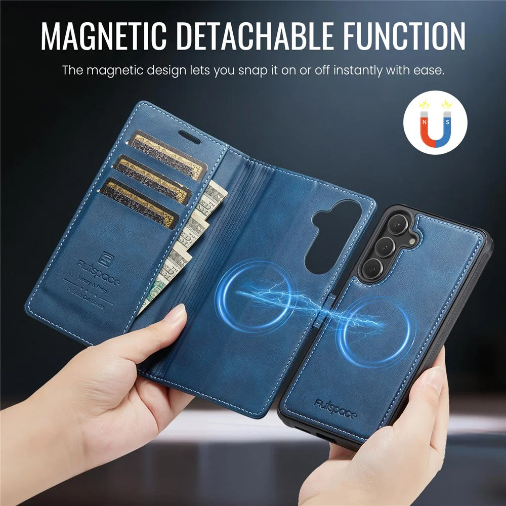 AUTSPACE A05 For Samsung Galaxy S25 / S24 Case Wallet Stand Detachable Leather Magnetic Phone Cover - Blue - 3