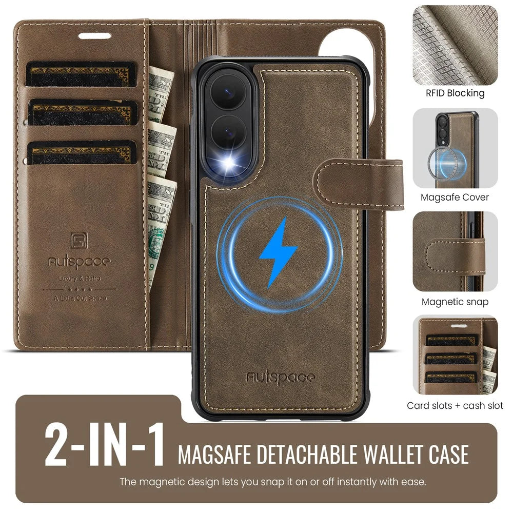 AUTSPACE A05 For Samsung Galaxy S25 Edge Case Wallet Stand Detachable Leather Magnetic Phone Cover - Coffee - 2