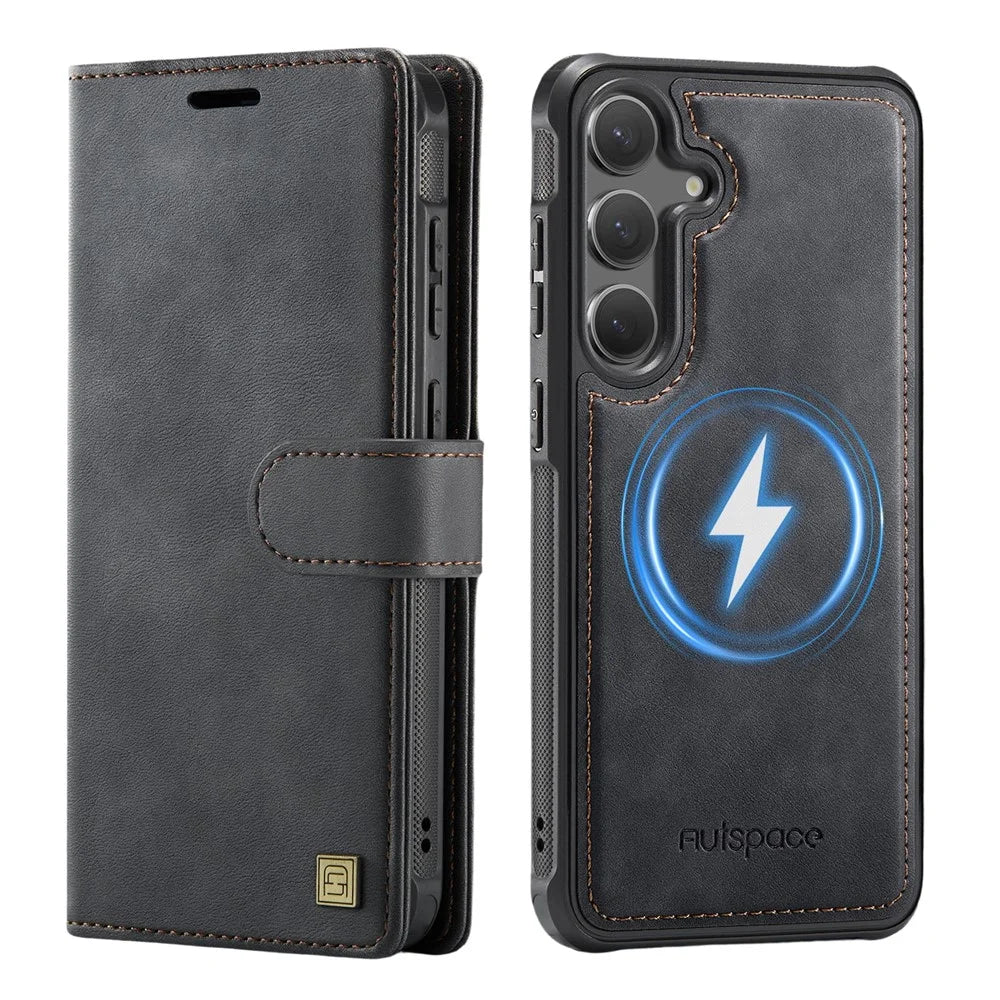 AUTSPACE A05 For Samsung Galaxy S25 FE Case Wallet Stand Detachable Leather Magnetic Phone Cover - Black - 1