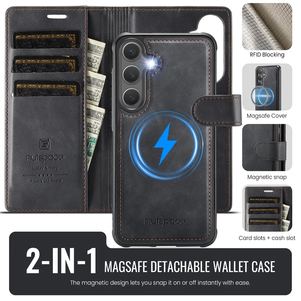 AUTSPACE A05 For Samsung Galaxy S25 FE Case Wallet Stand Detachable Leather Magnetic Phone Cover - Black - 2