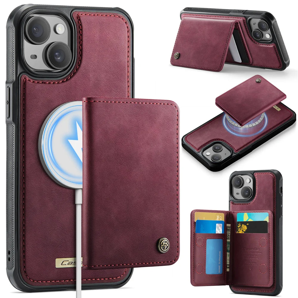 CASEME For iPhone 13 Magnetic Case  ME80 Series Leather PC TPU Phone Cover with Detachable Wallet - Red - 1