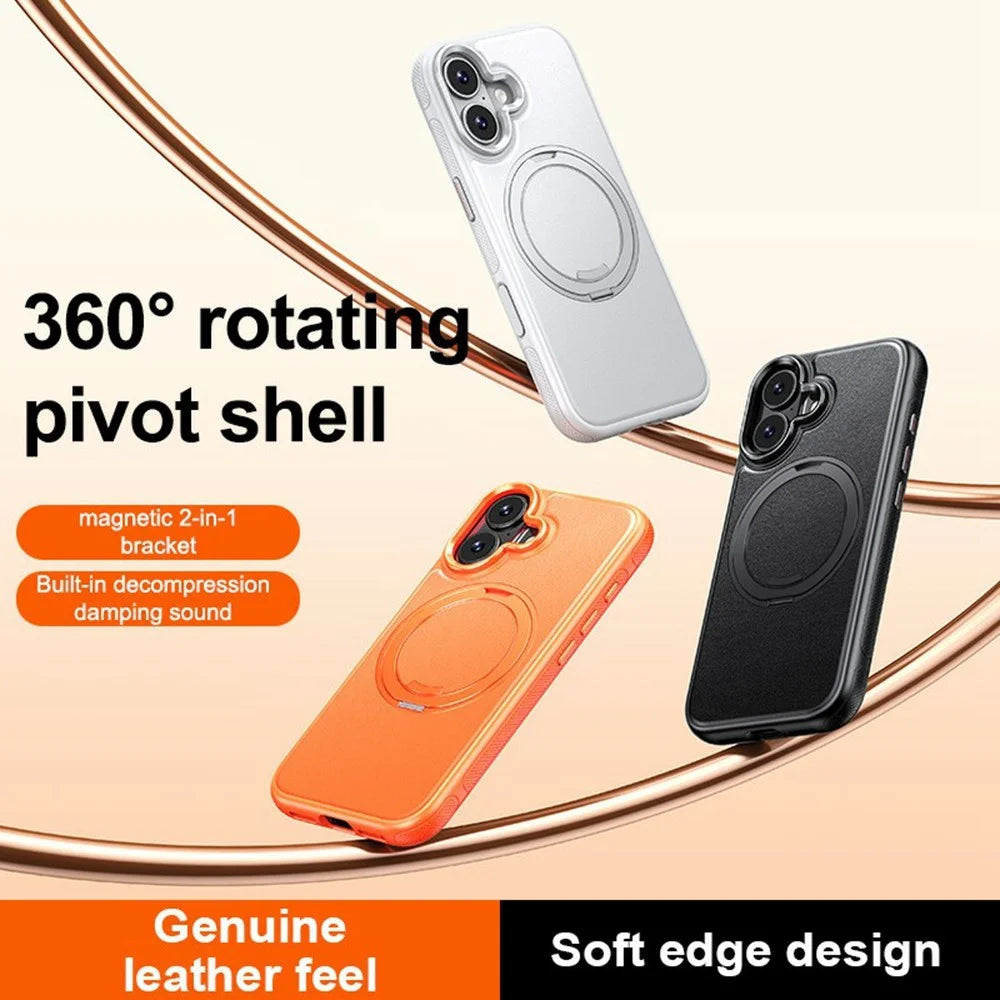 For iPhone 16 Plus Case Compatible with MagSafe Rotating Kickstand Litchi Texture PC TPU Phone Cover - Orange - 2