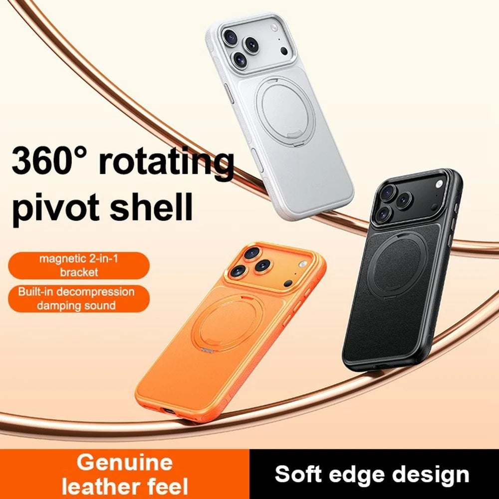 For iPhone 17 Pro Max Case Compatible with MagSafe Rotating Kickstand Litchi Texture PC TPU Phone Cover - Orange - 2