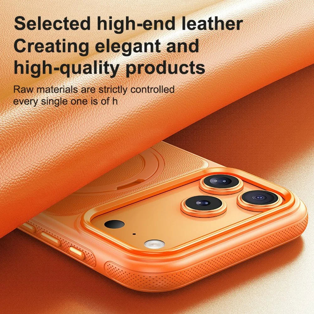 For iPhone 17 Pro Max Case Compatible with MagSafe Rotating Kickstand Litchi Texture PC TPU Phone Cover - Orange - 3