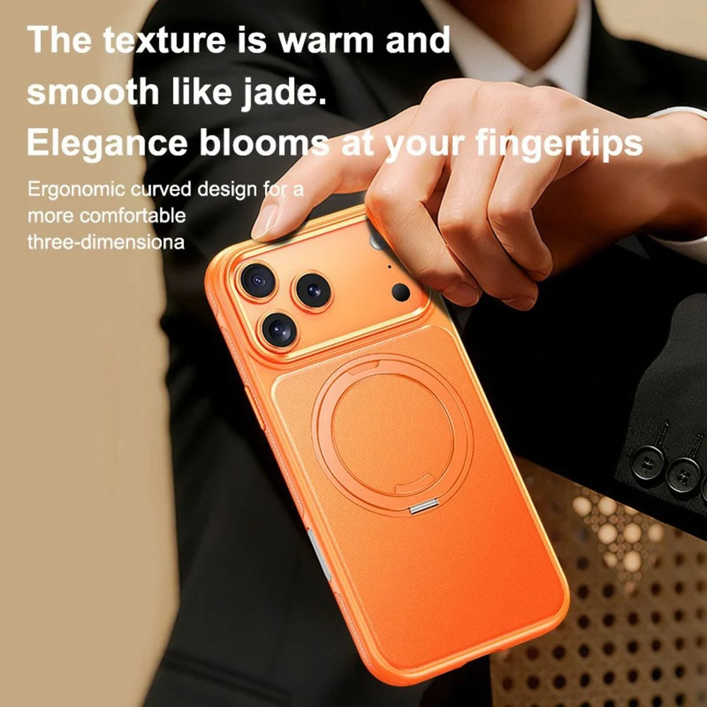 For iPhone 17 Pro Max Case Compatible with MagSafe Rotating Kickstand Litchi Texture PC TPU Phone Cover - Orange - 4