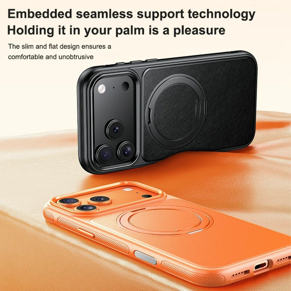 For iPhone 17 Pro Max Case Compatible with MagSafe Rotating Kickstand Litchi Texture PC TPU Phone Cover - Orange - 5