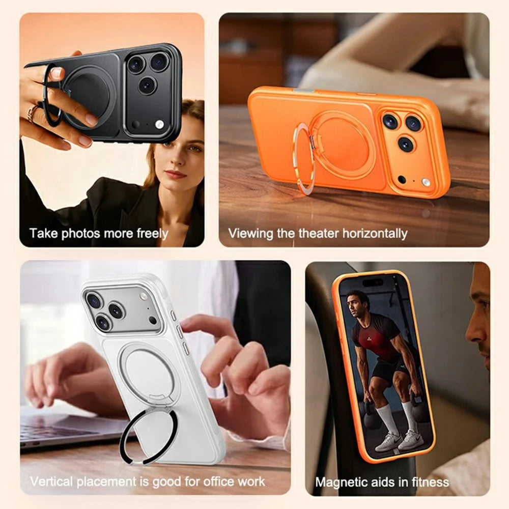 For iPhone 17 Pro Max Case Compatible with MagSafe Rotating Kickstand Litchi Texture PC TPU Phone Cover - Orange - 7