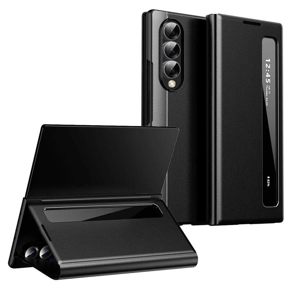 For Samsung Galaxy Z Fold3 5G Case Smart View Window Leather Phone Cover - Black - 1